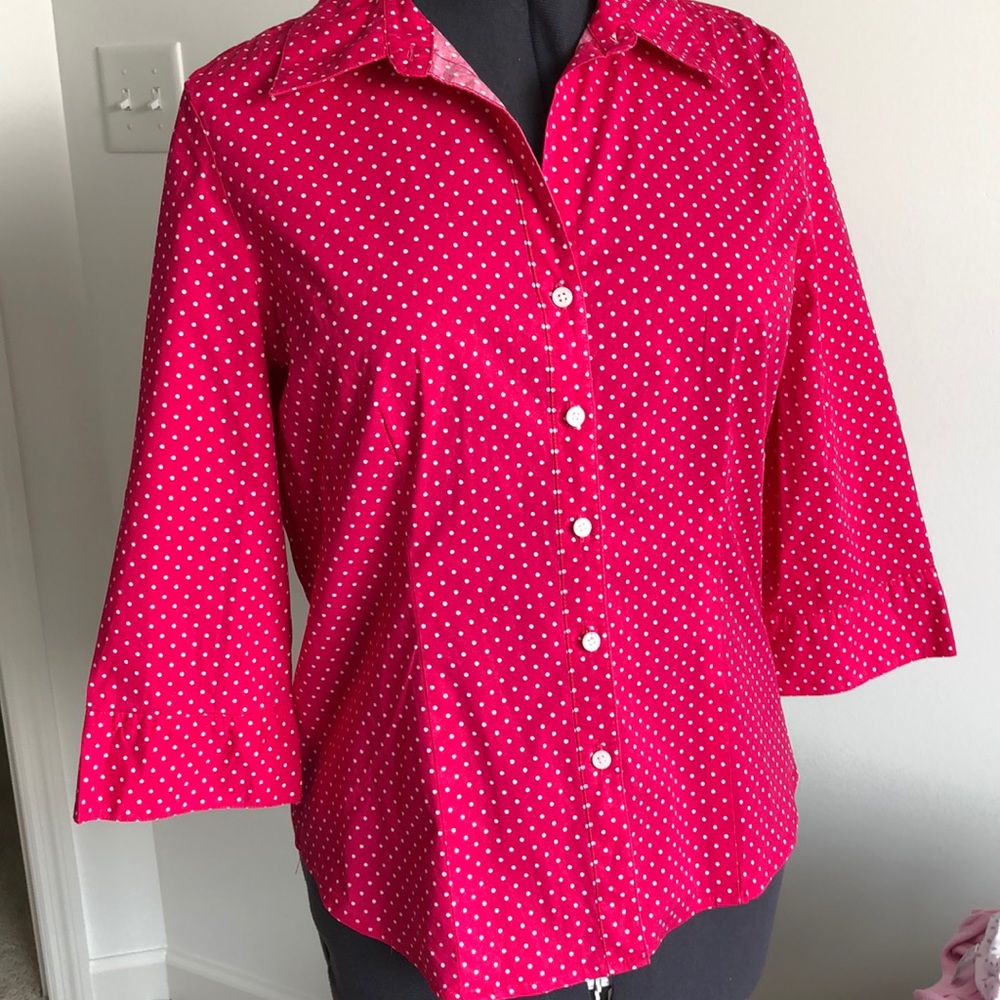 Kim Rogers pink polka dot button down shirt